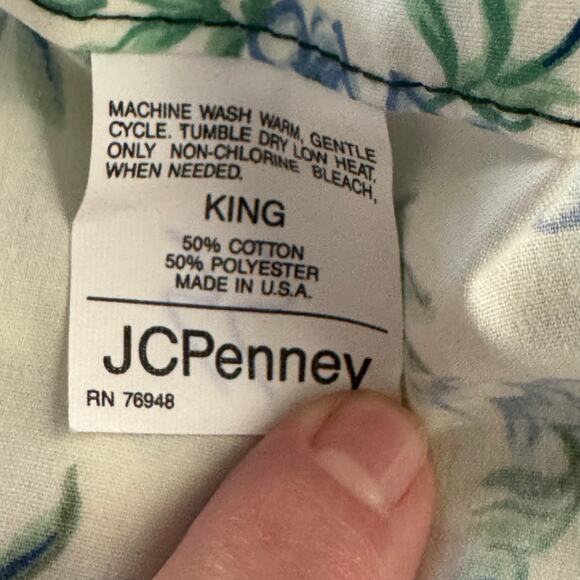 Vintage 90s Cottage Core Green Blue Floral King Flat Ruffled Sheet JCPenney USA - Picture 2 of 10